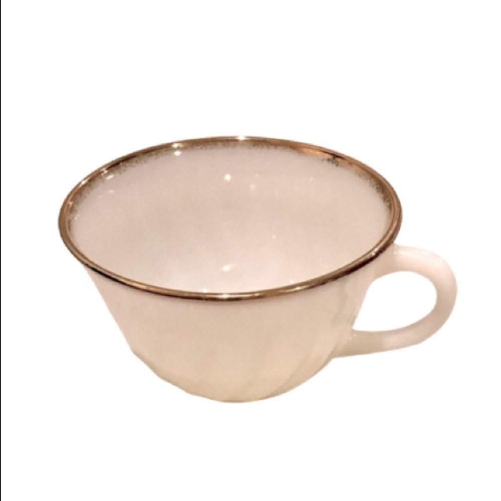 Vintage Anchor Hocking White Milk Glass Suburbia Swirl Cup Gold Rim Fireking
